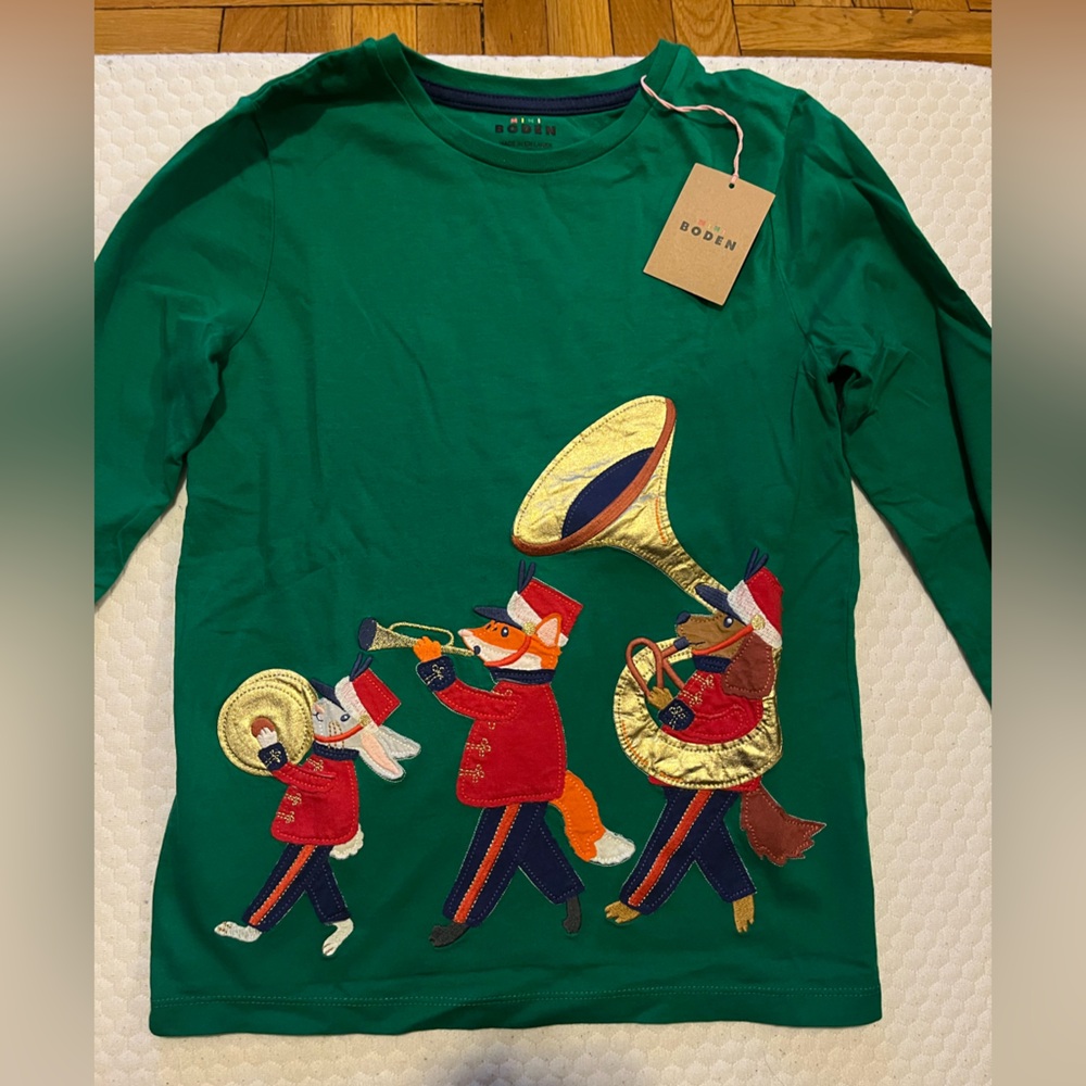 Boden Green Long Sleeve Kids Tee with Animal Parade